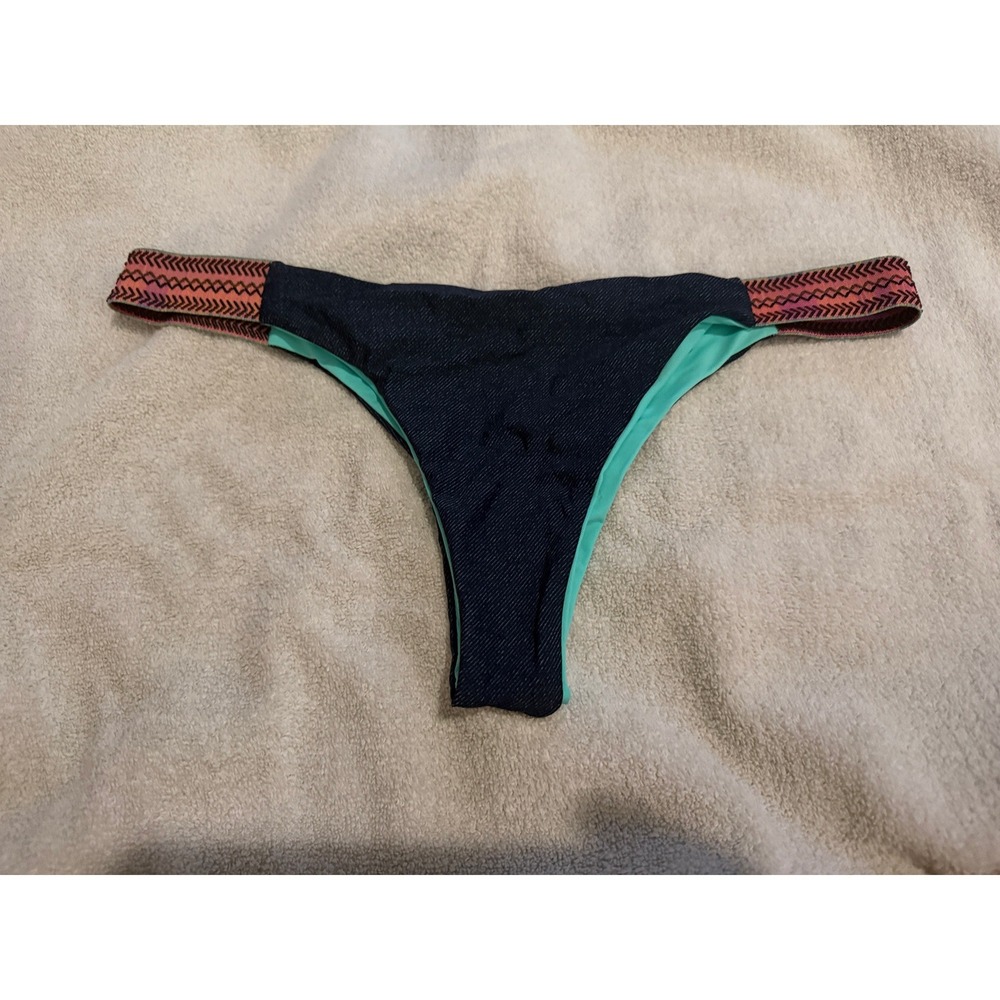 L*Space Itsy Cut Bikini Bottoms Large Denim Look Mint Chevron Straps NWOT